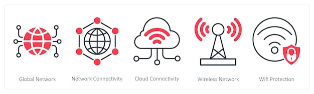 Een set van 5 Seo-iconen als wereldwijde netwerk netwerk connectiviteit cloud connectiviteit