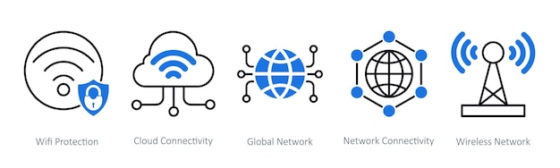 Een set van 5 Seo iconen als wifi bescherming cloud connectiviteit wereldwijd netwerk