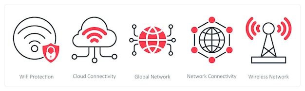 Een set van 5 Seo iconen als wifi bescherming cloud connectiviteit wereldwijd netwerk