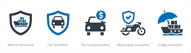 Een set van 5 verzekeringspictogrammen, zoals scheepvaartverzekering en autoverzekering