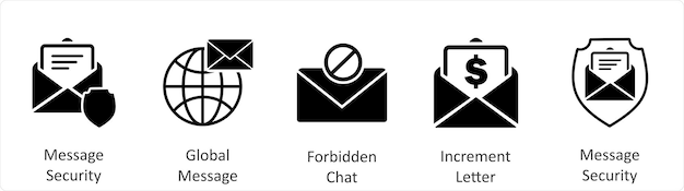 Een set van 5 zakelijke iconen als bericht beveiliging wereldwijde bericht verboden chat