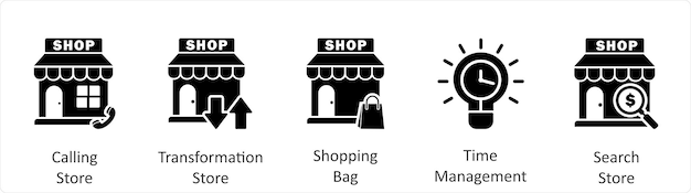 Een set van 5 zakelijke iconen als oproep winkel transformatie winkel winkel tas