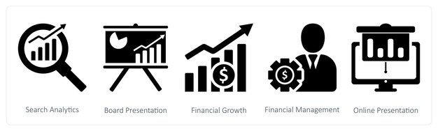 Een set van 5 zakelijke iconen als zoek-analysebord presentatie financiële groei