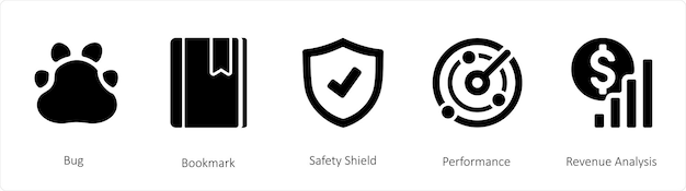 Een set van 5 zakelijke iconen zoals Bug Bookmark Safety Shield