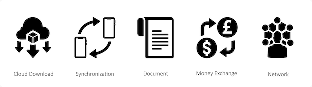 Een set van 5 zakelijke iconen zoals Cloud Download Synchronization