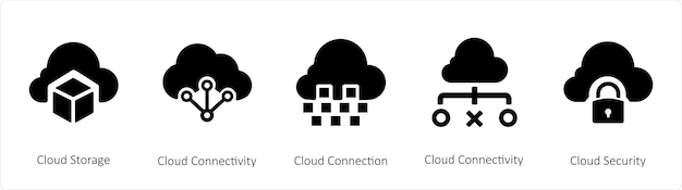 Een set van 5 zakelijke iconen zoals Cloud Storage en cloudconnectiviteit