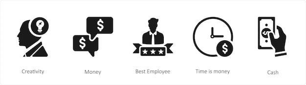 Een set van 5 zakelijke iconen zoals Creativity Money Best Employee