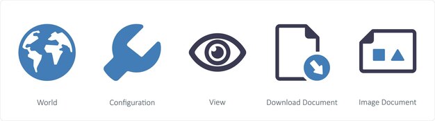 Een set van 5 zakelijke iconen zoals wereldconfiguratie en weergave