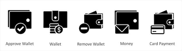 Een set van 5 zakelijke pictogrammen als favoriete portemonnee portemonnee instellingen portemonnee kennisgeving