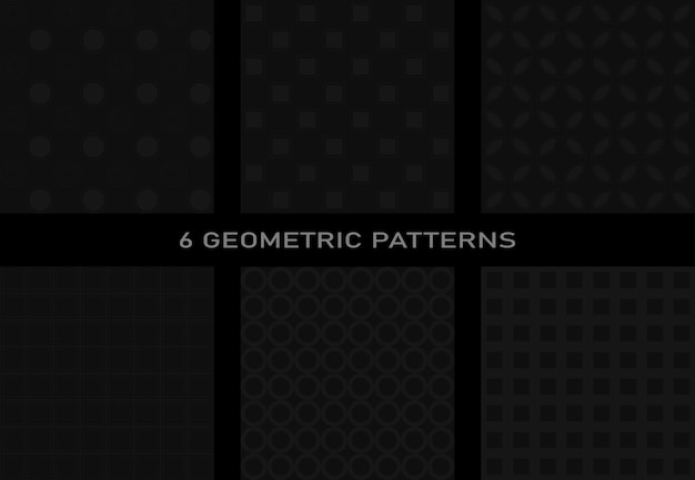 Vector een set van 6 geometrische naadloze patronen. donkere achtergrond, donkergrijze lijnen, geometrische vormen.