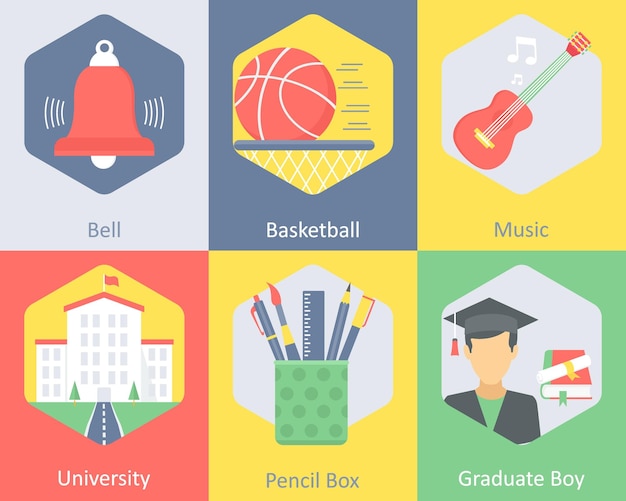 Een set van 6 onderwijs iconen als bel basketbal muziek