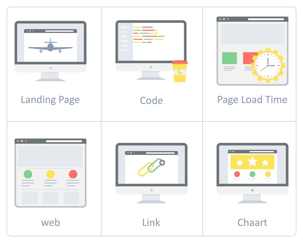 Een set van 6 SEO en web developmentemnt iconen als webpagina web link website ratings