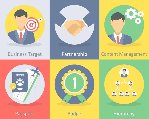 Een set van 6 zakelijke platte iconen zoals zakelijk doel partnerschap