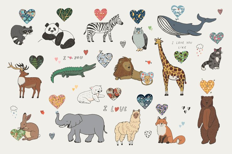 Vector een set van dieren en harten met de woorden ik hou van je