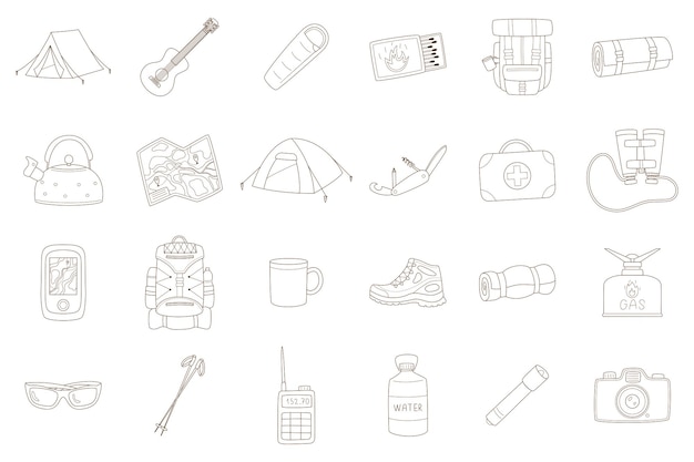 Een set van doodle elementen voor zomervakantie toerisme wandelen camping picknick Hand getrokken schets ontwerpobjecten Zwart-wit vector illustratie geïsoleerd op een witte achtergrond