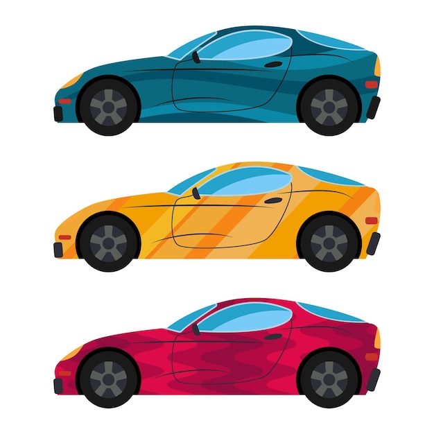 Een set van drie auto's in verschillende kleuren gespoten. vector illustratie