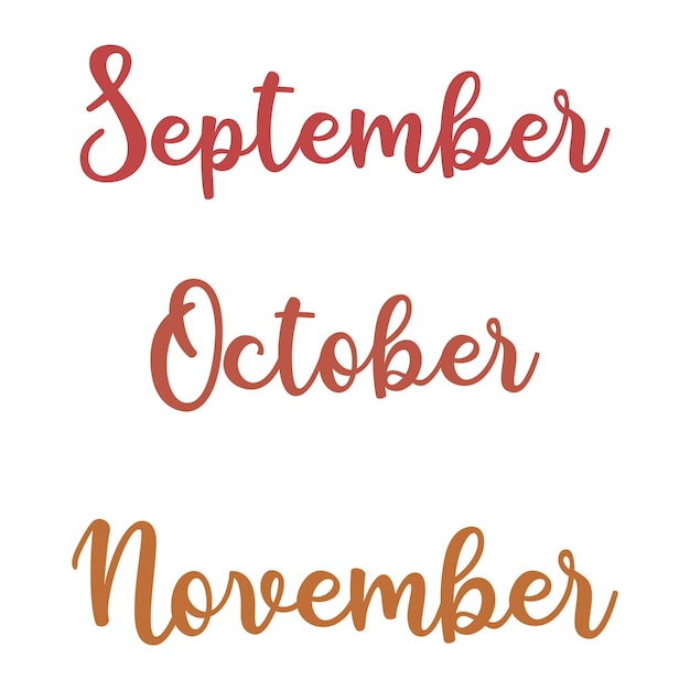 Een set van drie illustraties van de herfstmaanden in belettering september, oktober en november