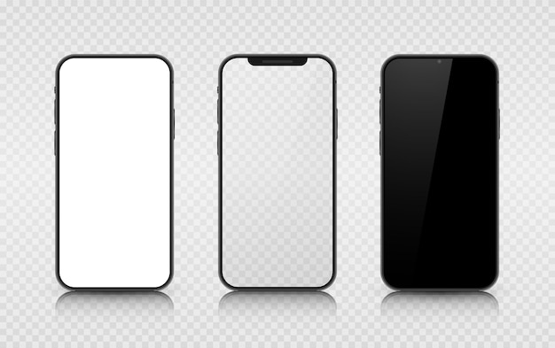 Een set van drie smartphones met witte transparante en zwarte schermen realistische d modellen van mobiele