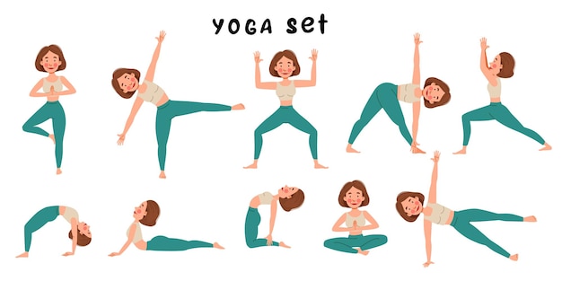 Een set van een meisje dat yoga yoga doet. slank meisje in verschillende poses op een witte achtergrond. vectorillustratie in een vlakke stijl