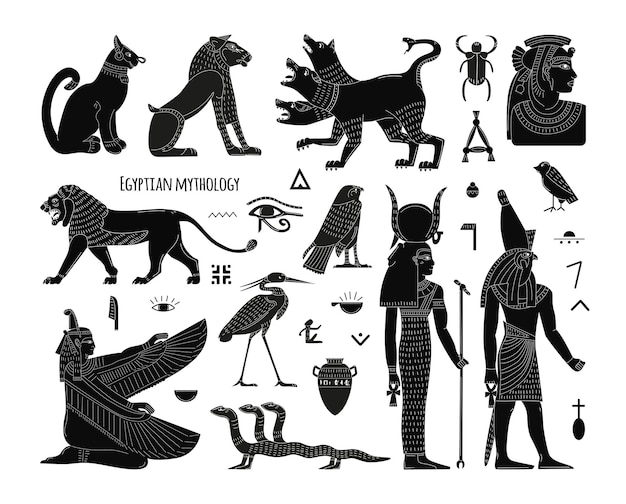 Vector een set van egyptische mythische dieren en wezens symbolen zwart-wit platte vectorelementen cerberus leeuw driekoppige slang oude goden van egypte