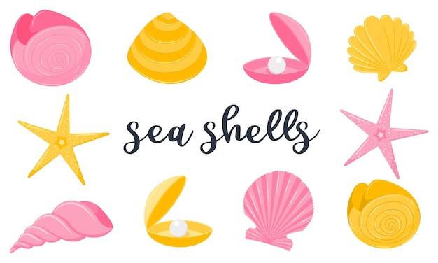 Een set van exotische zeedieren spiraal schelpen nautilus zeester parel clam platte cartoon stijl vectorillustraties geïsoleerd op een witte achtergrond