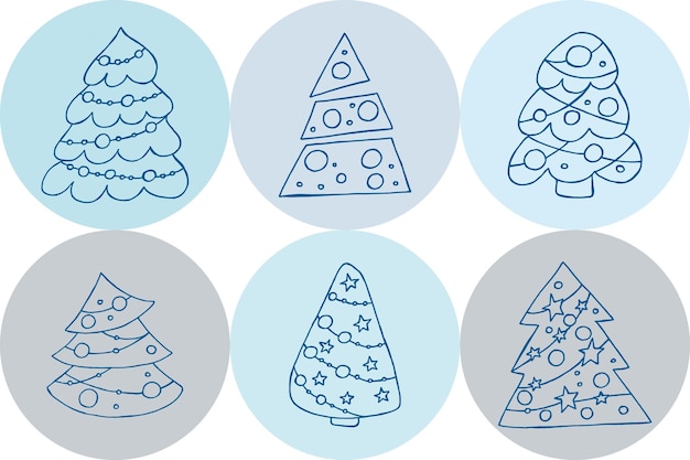 Een set van handgetekende kerstbomen vectorillustratie in doodle stijl Winter stemming Hallo 2023 prettige kerstdagen en gelukkig Nieuwjaar blauwe elementen op een blauwe achtergrond