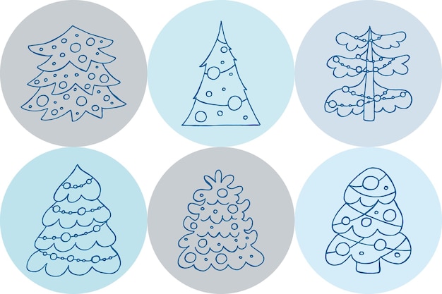 Vector een set van handgetekende kerstbomen vectorillustratie in doodle stijl winter stemming hallo 2023 prettige kerstdagen en gelukkig nieuwjaar blauwe elementen op een blauwe achtergrond