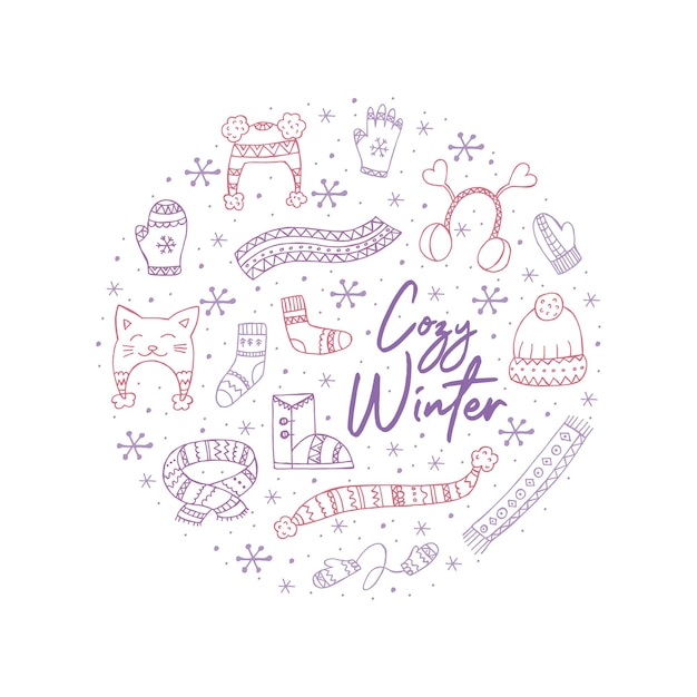 Een set van handgetekende winterkleding vectorillustratie in doodle stijl winter stemming hallo 2023 prettige kerstdagen en gelukkig nieuwjaar roze en violet elementen in de vorm van een cirkel