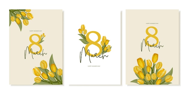 Een set van internationale Vrouwendag 8 maart wenskaarten met gele aquarel tulpen Vector