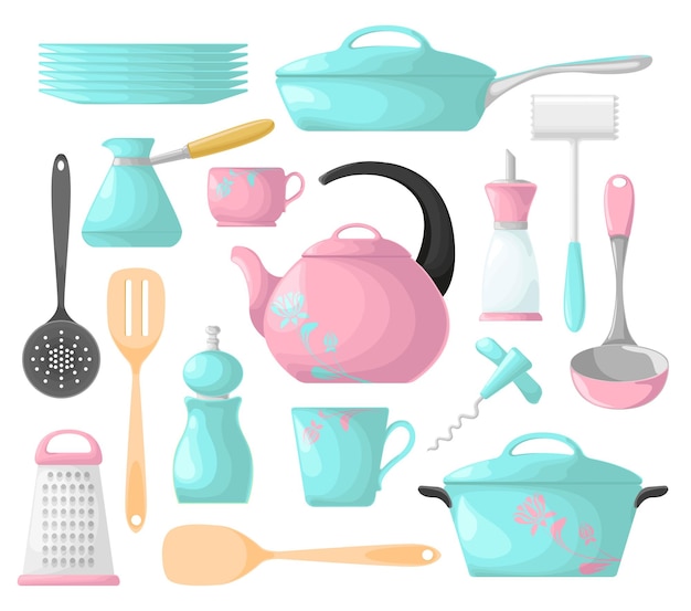 Een set van keukengerei roze en blauw Isolatie op een witte achtergrond Vector illustratie Keukengerei