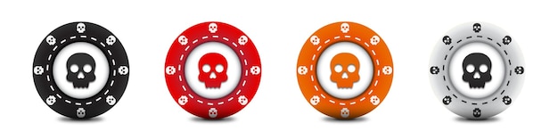 Een set van kleurrijke pokerfiches met een schedelteken erop Casinofiches met doodssymbool Platte vectorillustratie