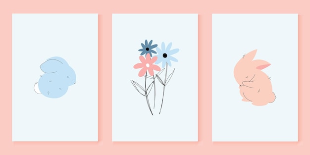 Een set van leuke kerstkaarten twee konijnen handgetekende kleurrijke bloemen groet poster tshirt print kinderkamer ontwerpelement alle objecten zijn geïsoleerd cartoon vectorillustratie