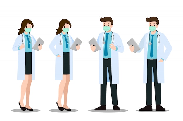 Een set van man en vrouw vormt arts die masker en laboratoriumjas draagt.
