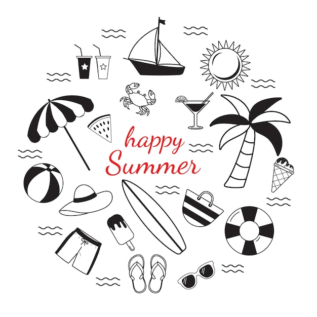 Een set van met de hand getekende stickers voor de zomervakantie Ontwerpconcept van zomer vakantie reis Vector illustratie