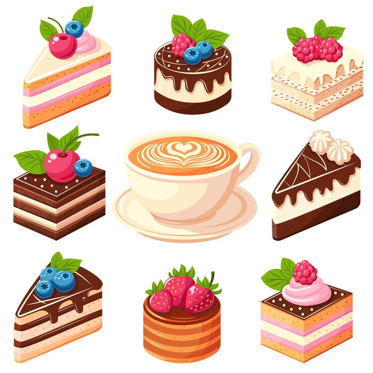 Vector een set van negen verschillende soorten cakes en een kop koffie.