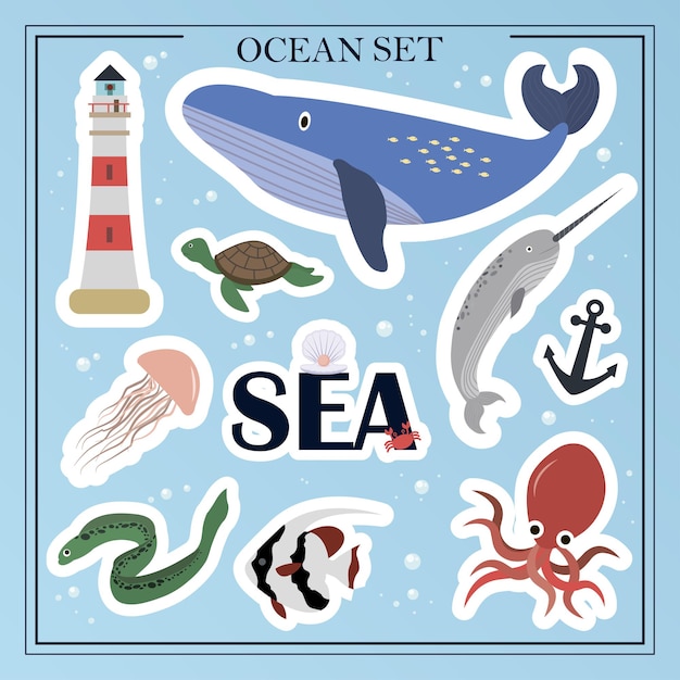 Een set van platte zeedieren Zeeleven dieren planten verzonken objecten cartoon vectorillustraties
