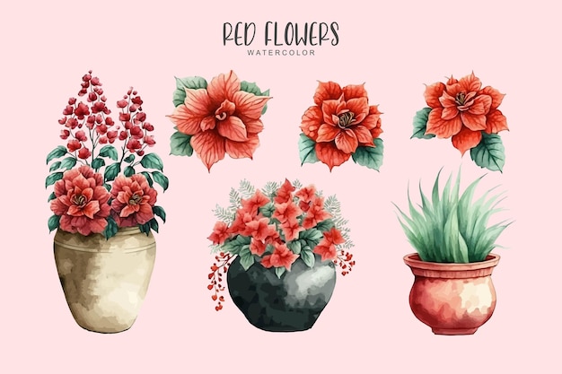 Een set van rode aquarel bloemen in potten op een roze achtergrond