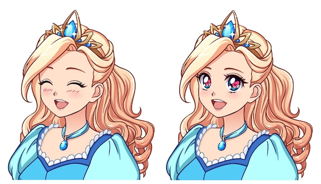 Vector een set van schattige anime prinses met verschillende uitdrukkingen blond haar grote blauwe ogen blauwe jurk hand getrokken retro anime vectorillustratie kan worden gebruikt voor avatar stickers, badges, prints enz