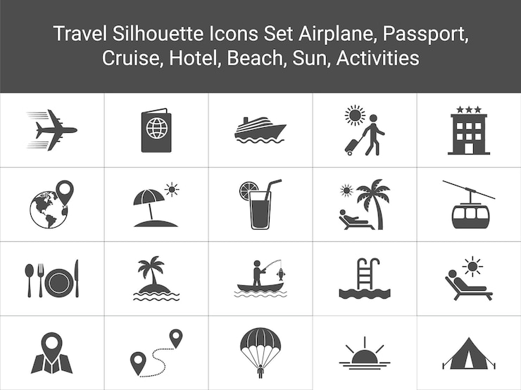 Vector een set van solid travel iconen verschillende activiteiten zoals vliegtuigreizen cruise hotel strand ontspanning