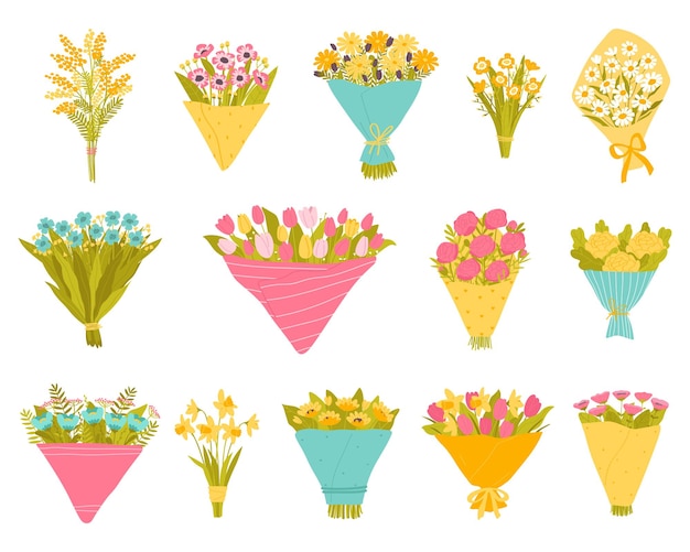 Vector een set van tuin en wilde bloeiende bloemen in boeketten vectorillustratie in vlakke stijl