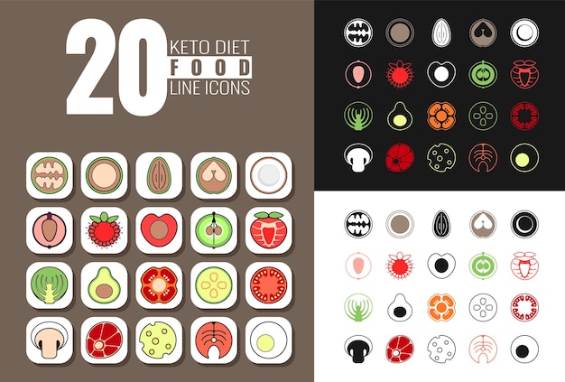 Een set van twintig lineaire voedselpictogrammen voor het Keto-dieet. Dit is bedoeld voor web- en mobiele toepassingen