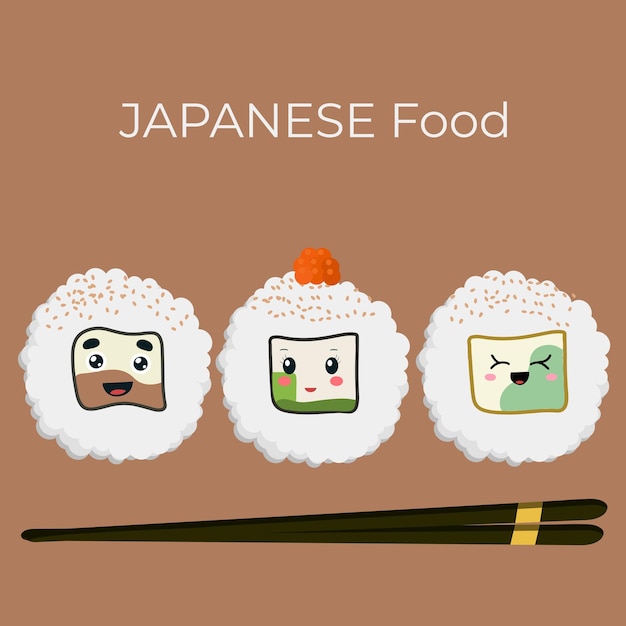 Een set van vector iconen van heerlijke gekleurde sushi rolt in de stijl van kawaii.