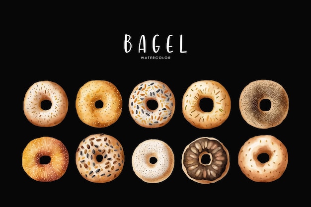 Een set van verschillende bagels op zwarte achtergrond