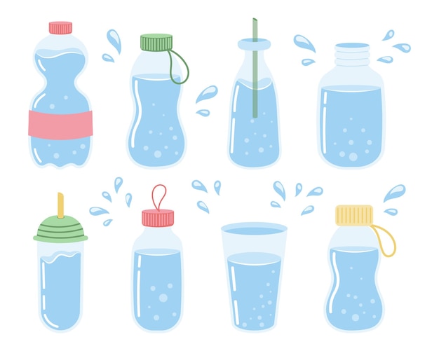 Een set van verschillende containers met schone waterglazen flessen Het concept van drinkwater