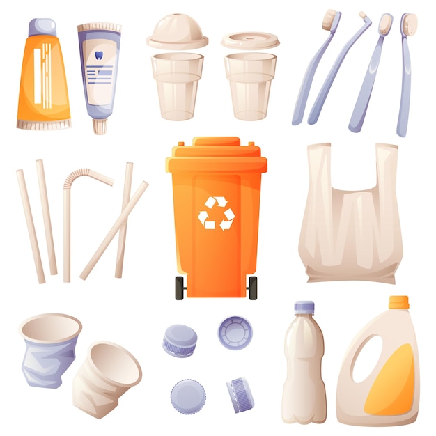 Een set van verschillende plastic afvalstoffen en een gele container voor de inzameling van afval Recycling van afvalstoffen