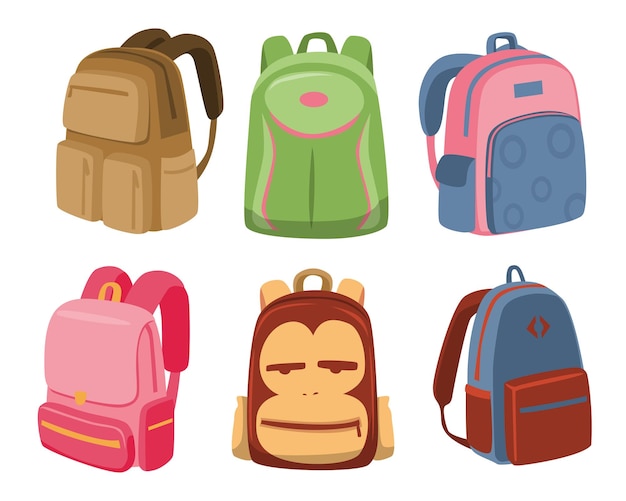Een set van verschillende soorten bagage, zowel dragen als slepen voor reizen Cartoon platte vectorillustratie