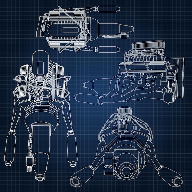 Een set van verschillende soorten krachtige automotoren. de motor is getekend met witte lijnen op een donkerblauw laken in een kooi.