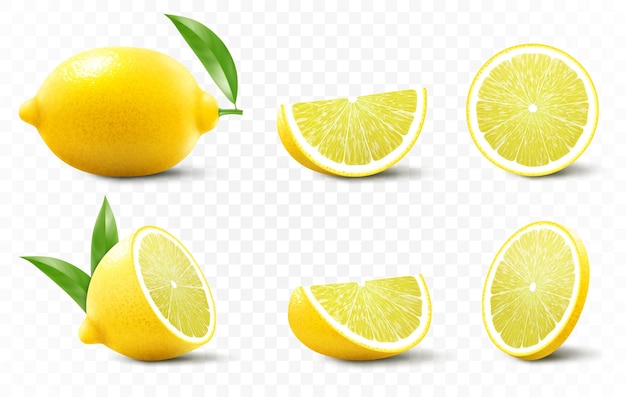 Een set van verse citroen geïsoleerd op transparante achtergrond Een hele citroen half en snijd een citroen Realistische 3d vectorillustratie Volledig bewerkbare handgemaakte mesh