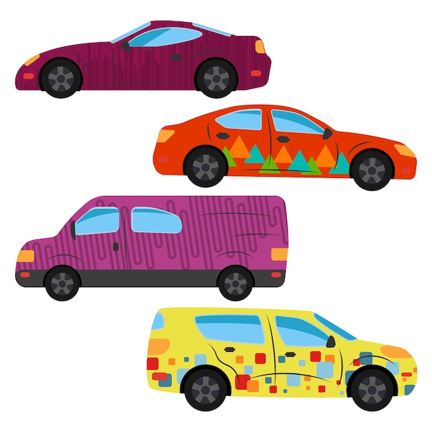 Een set van vier auto's in verschillende kleuren gespoten. vector illustratie