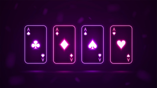 Een set van vier neon azen van verschillende kleuren om in een casino te spelen Heldere neon pokerkaarten